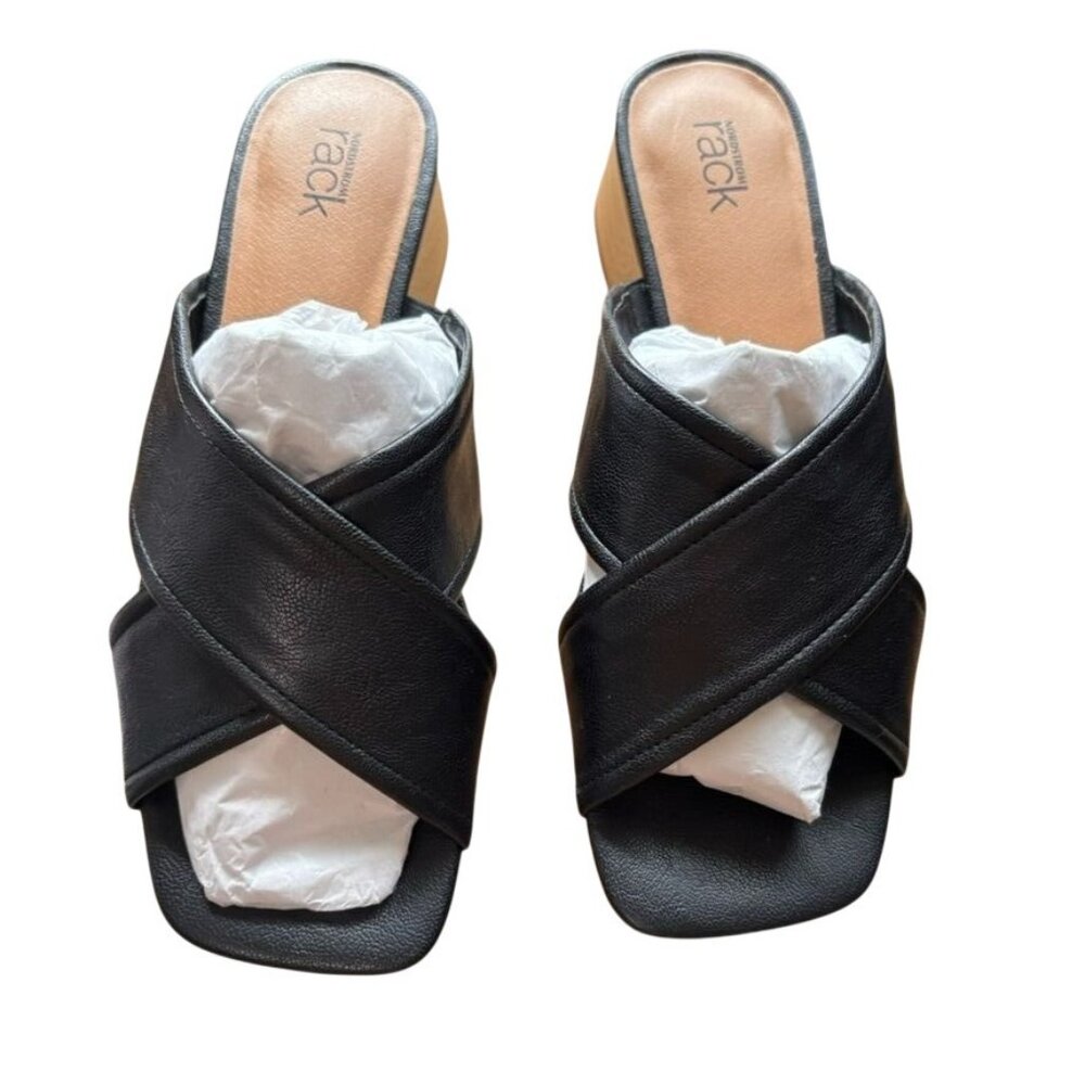 Nordstrom Rack Black Leather Crisscross Open-Toe Sandals Wooden Block Heel - Picture 2 of 8